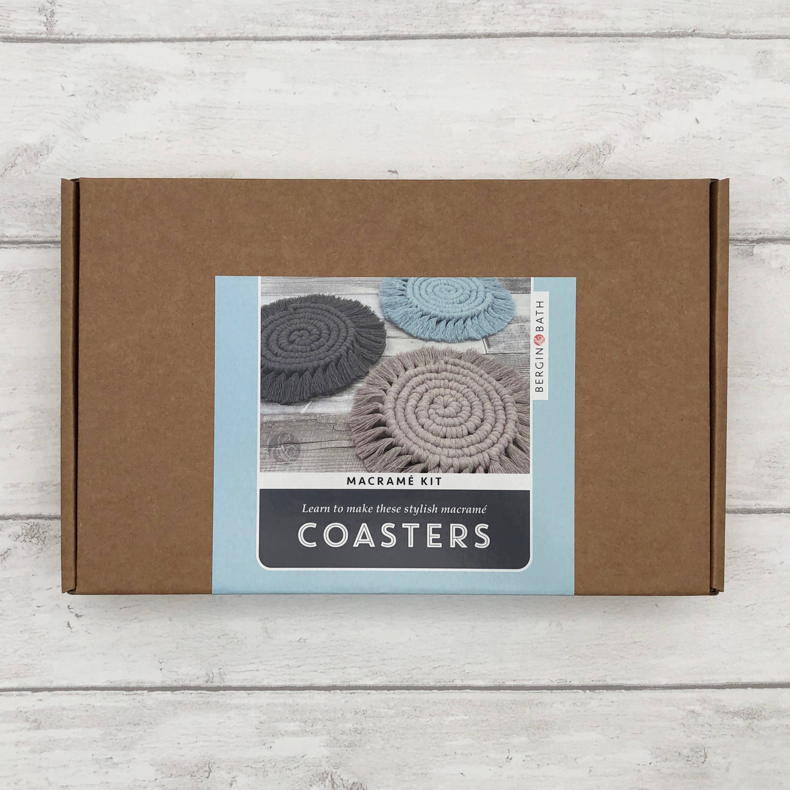 Macrame Coaster Kit in Mist Blue, Pearl and Charcoal