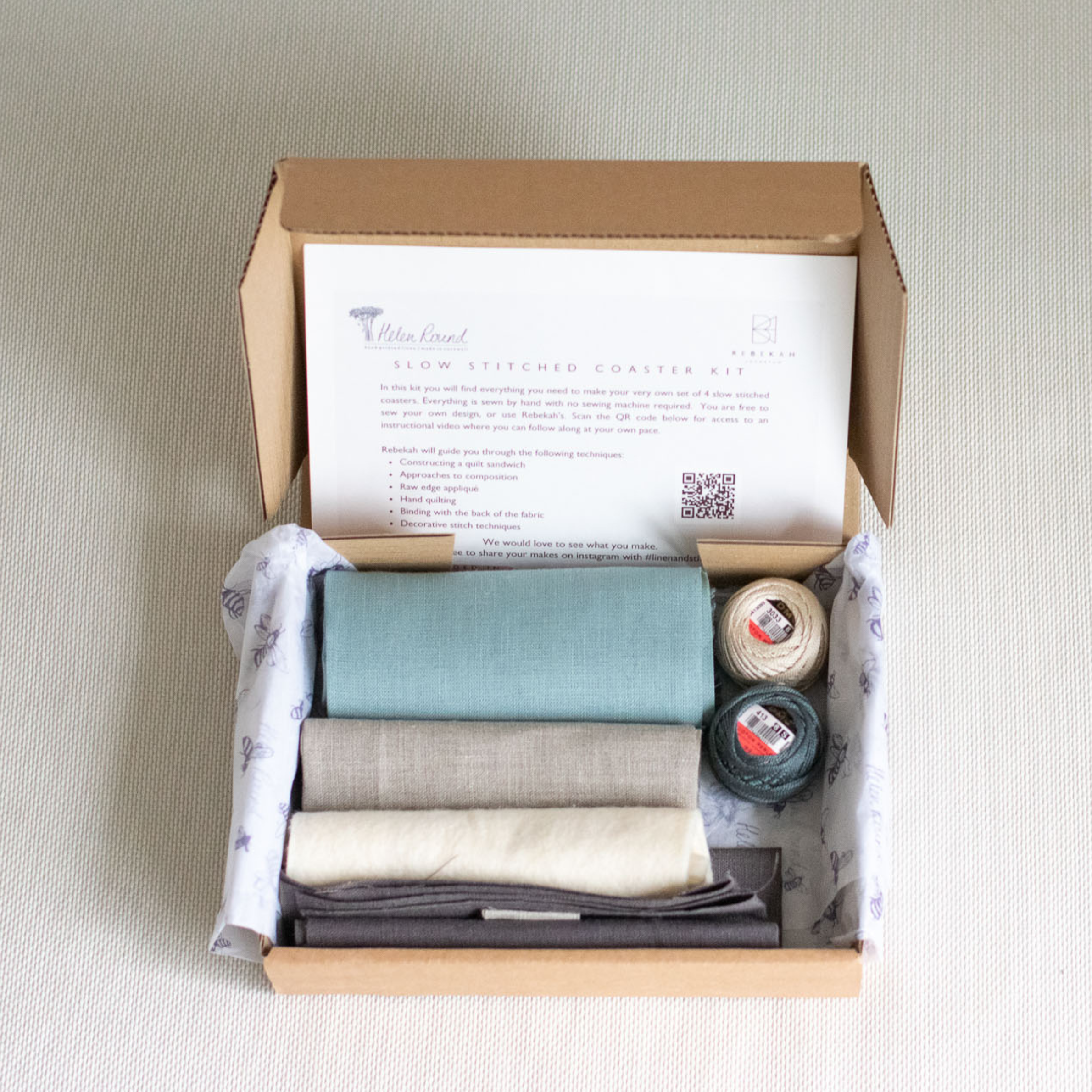Slow Stitched Linen Coasters Kit, Sewing Project, Craft Kit