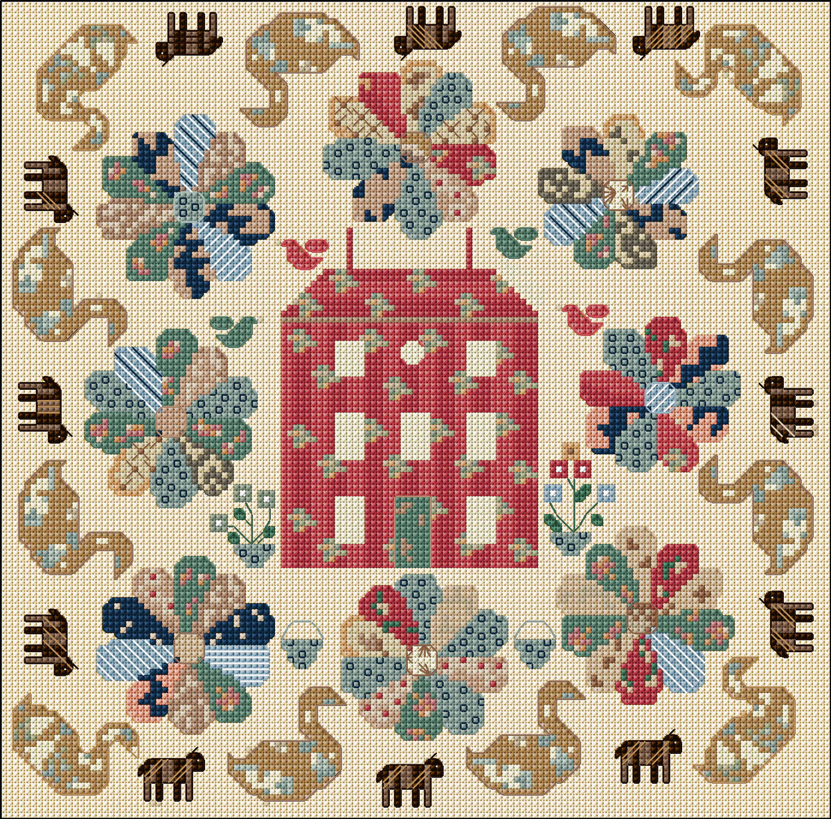 The Red Manor House | Cross Stitch design by DoodleCraft Design