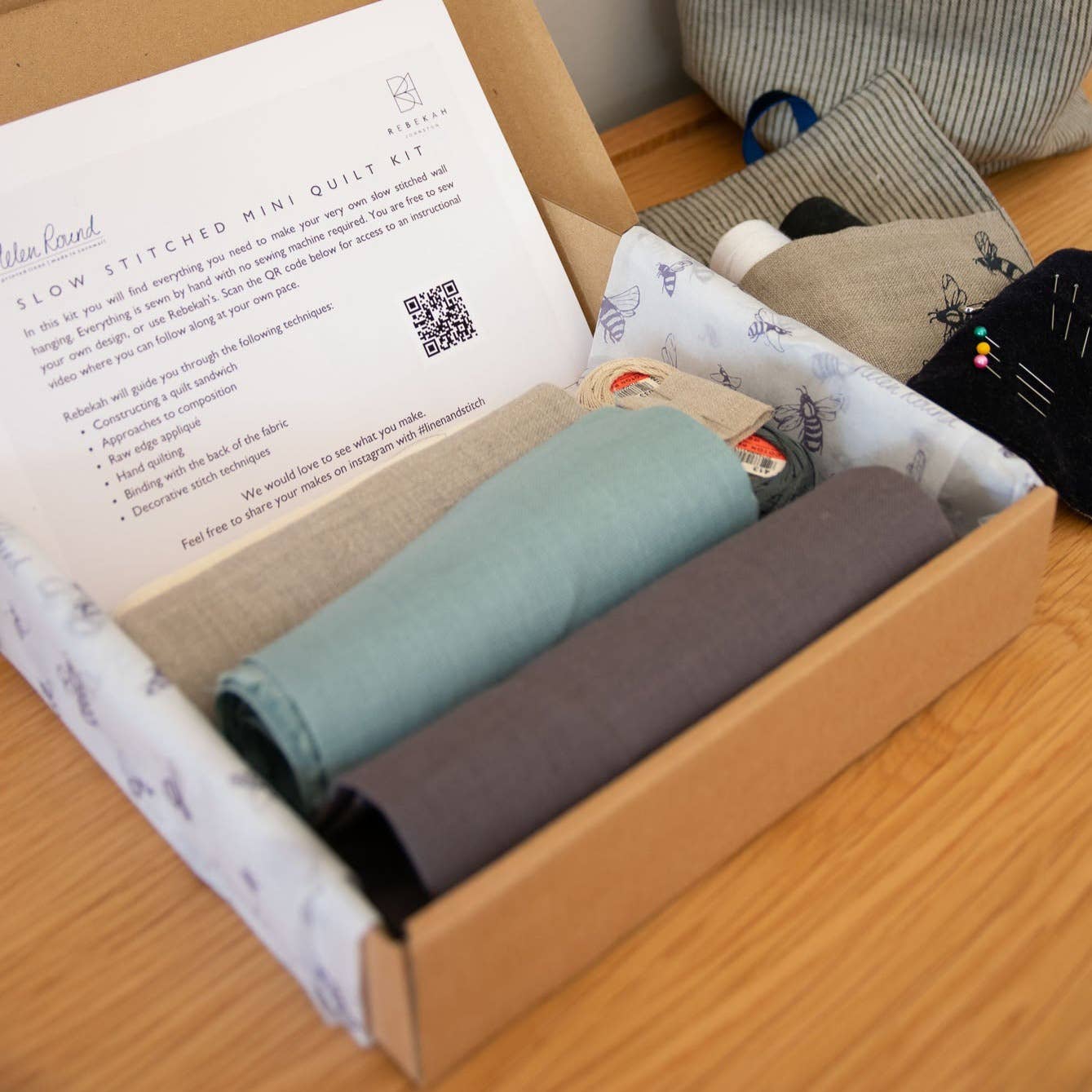 Slow Stitched Mini Linen Quilt Kit, Sewing Project Craft Kit