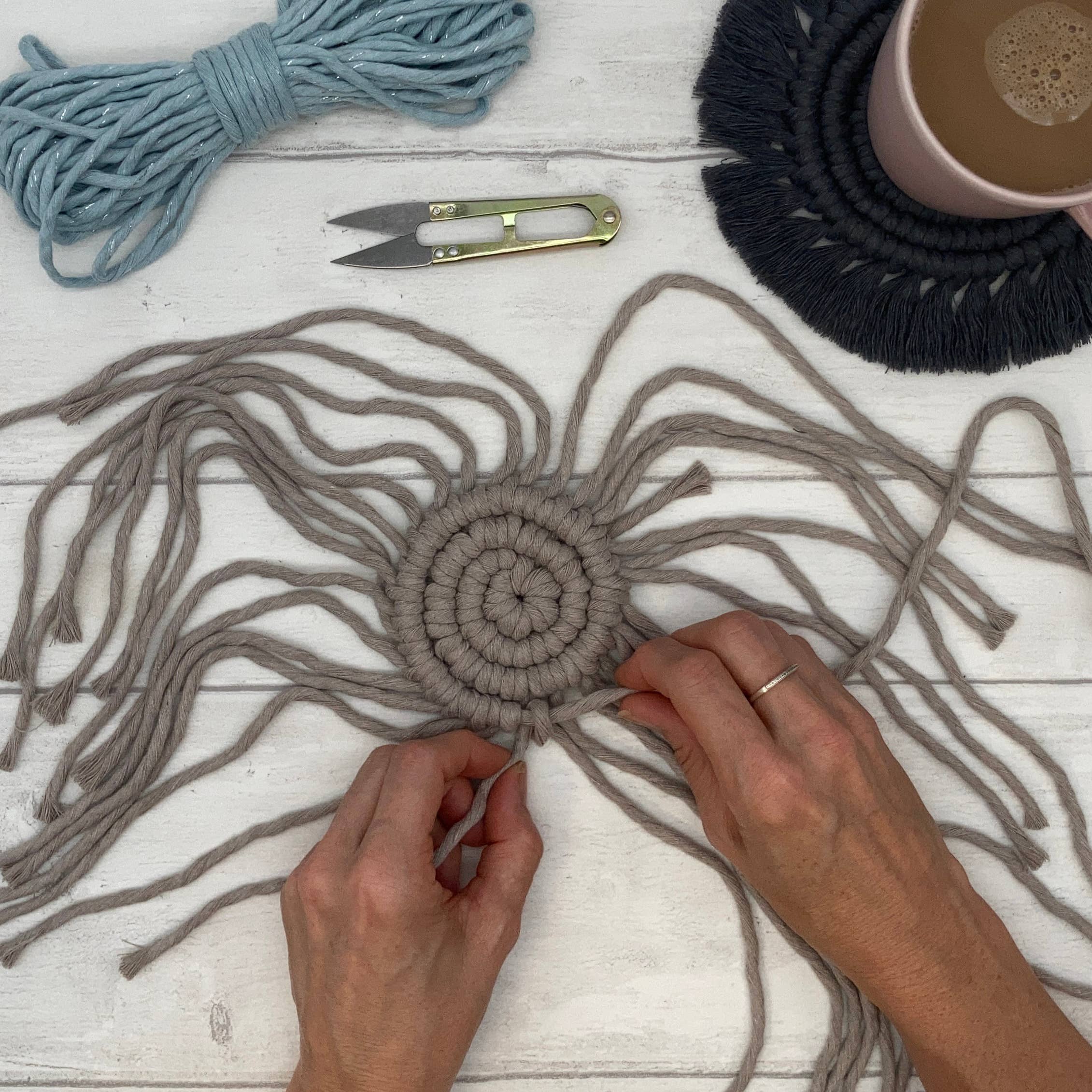Macrame Coaster Kit in Mist Blue, Pearl and Charcoal