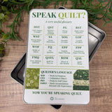 Speak Quilt sewing storage tin featuring common quilting abbreviations and terminology